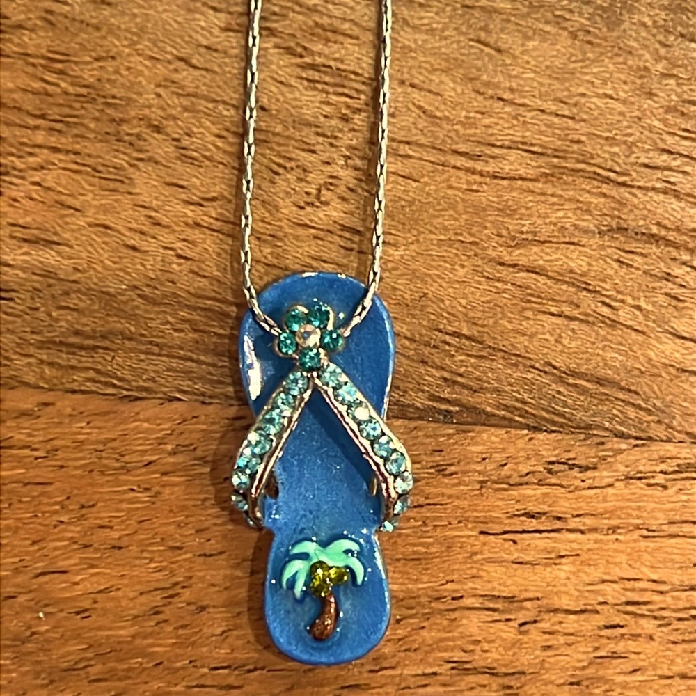 Blue Flip Flop Pendant Necklace with Palm Tree Design